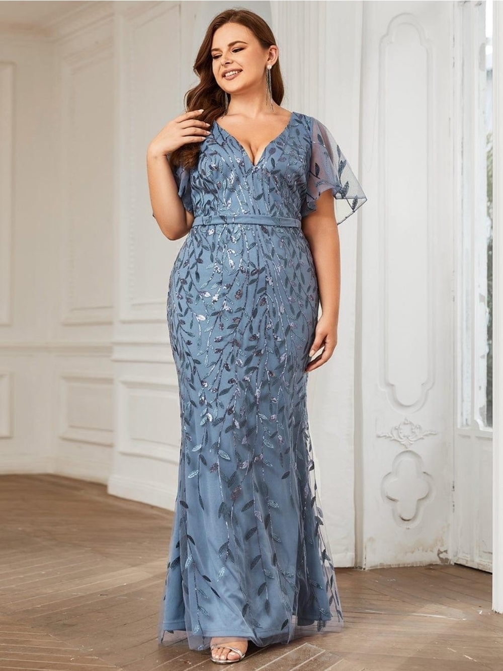 Ever Pretty Dusty Blue V-Neck Sequin Maxi Dress